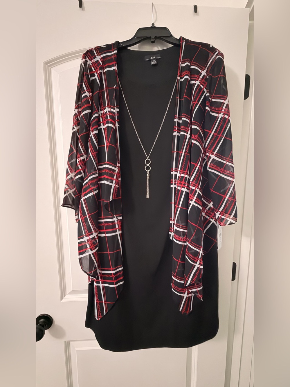 K&K Black Red Plaid Open-Front Jacket Dress